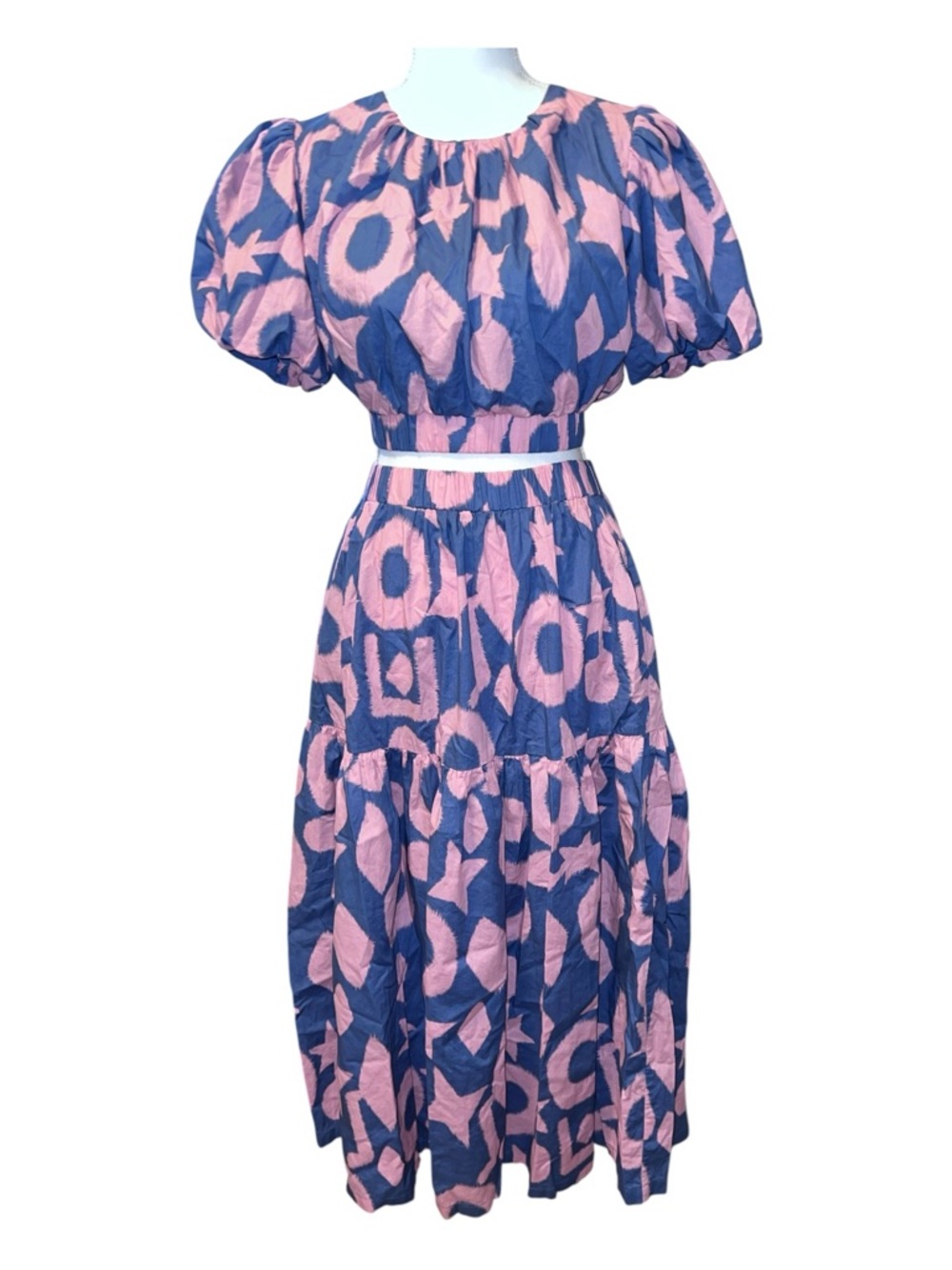 Blue and pink Two piece tiered skirt set with matching crop top